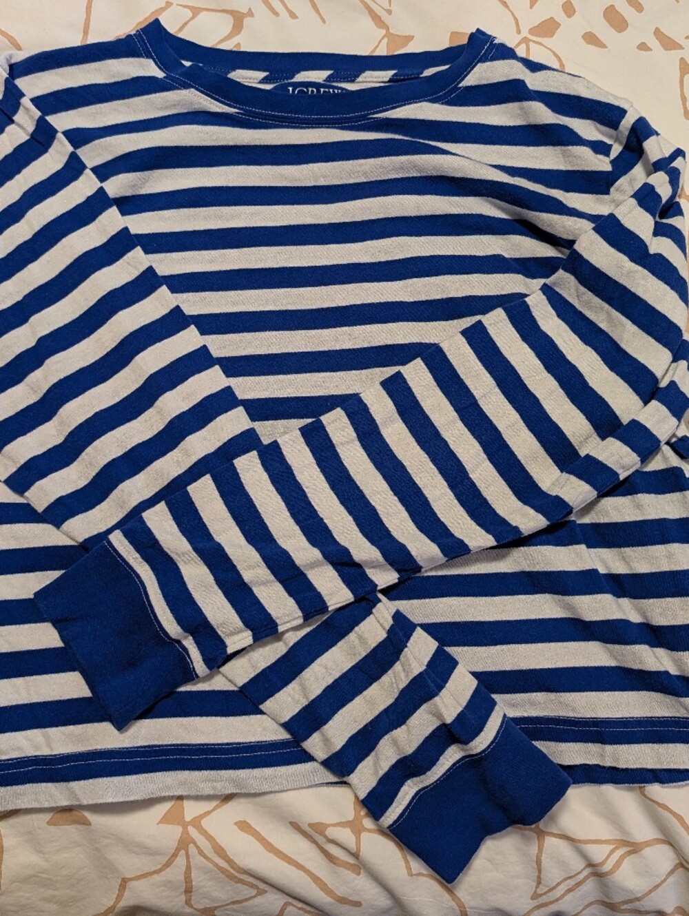 J. Crew Blue and White Striped Long-Sleeve Cropped Tee Size M
